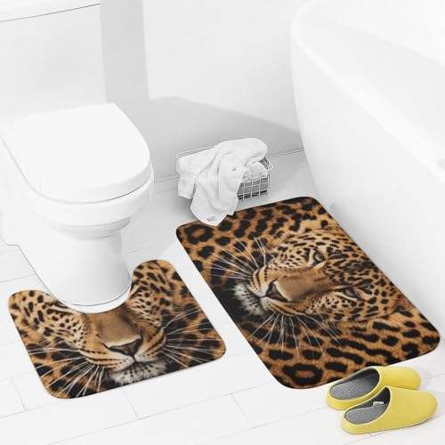 Badezimmerteppich-Set, 2-teilig, Motiv: Leopardenmuster, saugfähige Mikrofaser-Badteppiche und U-förmige Konturen, WC-Vorleger, rutschfeste Badematten, Teppich für Badezimmer, Badewanne