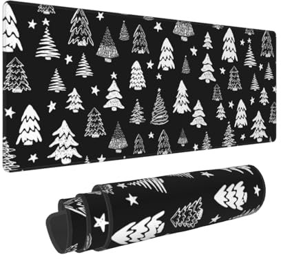 Tapis de souris de Noël noir et blanc 80 x 30 cm XL Arbre de Noël Vacances Grand tapis de souris de jeu Base en caoutchouc antidérapant Bords cousus pour la maison et le bureau