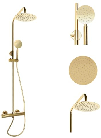 Duschsystem Antik Messing Duscharmatur Set Retro Gold Duschset, Anti-Kalk-Duschsystem mit Thermostat Regenbrausegarnitur, Vintage Stil Regenduschset, Höhenverstellbar, for Badewanne und Dusche