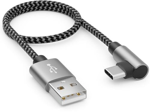 deleyCON 0,30m Câble USB A vers USB C - C Mâle 90° Coudé - Câble de Charge Court 30cm A vers C pour iPhone 15 16 Pro Max Samsung S25 S24 S23 Pixel iPad Pro MacBook Air Tablets Switch PS5