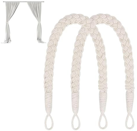 2 Pcs Curtain Tie Backs - Soft Hand Woven Rope Holdbacks, Natural Cotton Knitting for Home & Office Drapery, Boho Style (Beige)