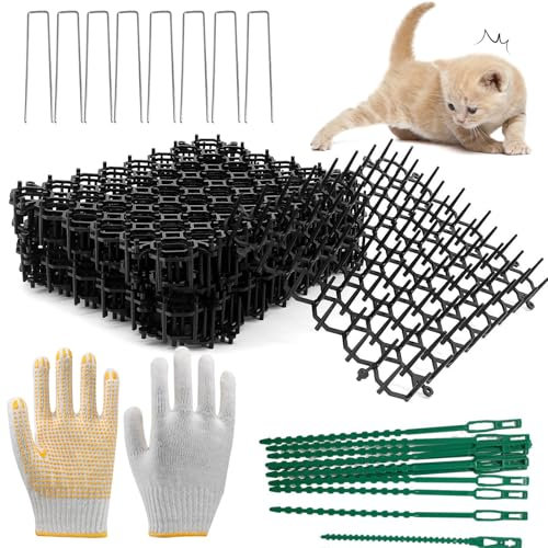 15 PCS Tapis Anti Chat avec Pointes 20x15 cm Pic Anti Chat Exterieur Interieur avec 1 Paire Gant 8 Clou en U 20 Serre Cable Plastique Tapis