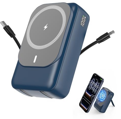 Magnetische Wireless Powerbank 26800mAh, Power Bank für Magsafe mit Eingebauten Kabeln, 5 Ausgänge PD 22,5W Schnellladen Kompatibel mit iPhone 17/16/15/14/13/12 Plus/Mini/Pro/Pro Max -Blau