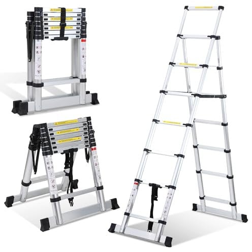 Cecaylie Scala telescopica pieghevole, 2 m + 2,3 m, in alluminio, telaio ad A, 6 + 7 pioli, scala in alluminio antiscivolo, portata massima 150 kg