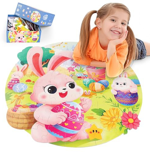 COOLDELE Easter Puzzles for Kids Ages 3-6, 79 Pieces Floor Large Round Jigsaw Puzzle for Kids 3 4 5 6 7 Years Old, Bunny Puzzles Educational Toys Birthday Easter Gifts for Girls Boys