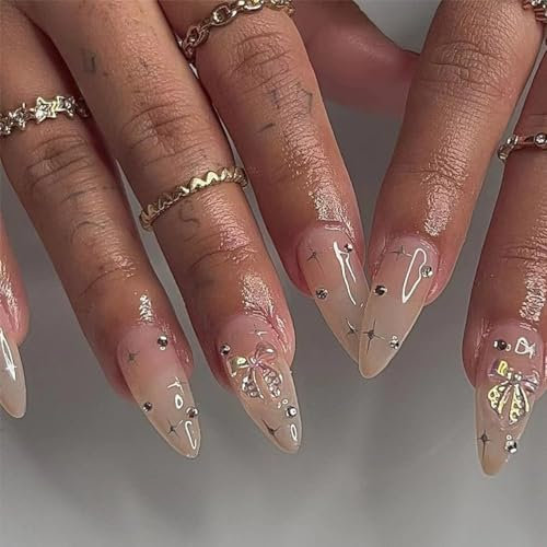 24pcs Medium Almond False Nails - Nude Rhinestone Butterfly & Star Pattern. Removable Acrylic Full Cover. Women Nail Accessories