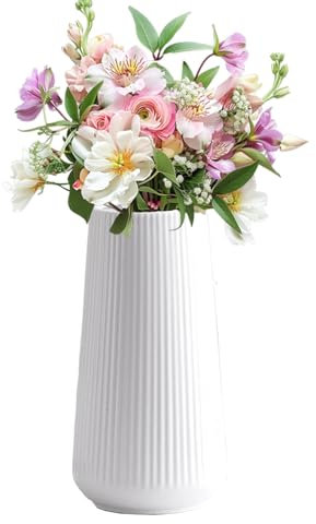 White Ceramic Ribbed Vases Simple Nordic Style Decorative Flowers Vase for Pampas Grass Geometric Design Dried Flowers Ceramic Vases for Wedding Home Decor Table Centerpieces 8 Inch / 20Cm