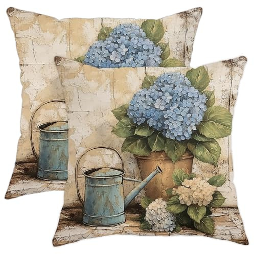 Farmhouse Rustikale Hortensien-Kissenbezüge mit Reißverschluss, weich, atmungsaktiv, Vintage-Blume, 45,7 x 45,7 cm, 2 Stück, Bauernhof-Blumensamt, dekorativ für Couch, Zimmer, Veranda