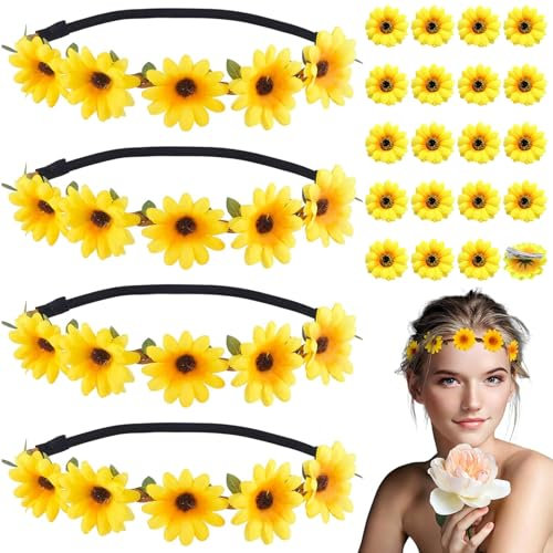 NINGYER 4 Pièces Bandeau Tournesol Fleur, 48-50 cm Bandeau Tournesol Avec 20 Épingles à Cheveux de Tournesol Convient Aux Filles/Dames/Festivals/Plage/Mariages/Fêtes (Jaune)
