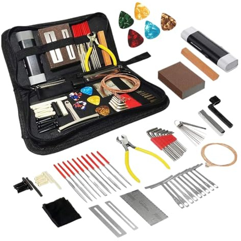 Gitarren-Reparaturset - 72X Reparatur Wartung Werkzeugset mit Tragetasche, Gitarrenreparatur Wartung Tool Kit, Saiteninstrument Zubehör für Musiker, Pflegeset mit Saiten Picks Bridge Pins