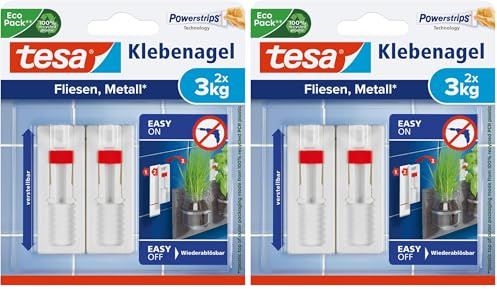 Tesa Chiodo Adesivo per Quadri - Piastrelle e Metallo – Altezza Reglabile – Chiodo Autoadesivo – per Quadri e Telai – Forza fino a 3 kg per Chiodo – Non Lascia Tracce (Confezione da 2)
