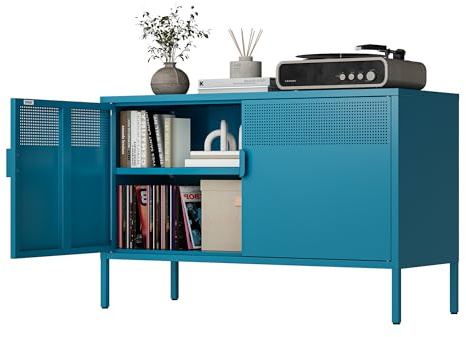 Metall Kommode 100 cm Breit, Aufbewahrungsschrank Sideboard mit 2 Mesh Türen, Metallschrank in Blau, Mehrzweckschrank mit flexiblen Einlegeböden, Aktenschrank & Büroschrank für zu Hause und Büro