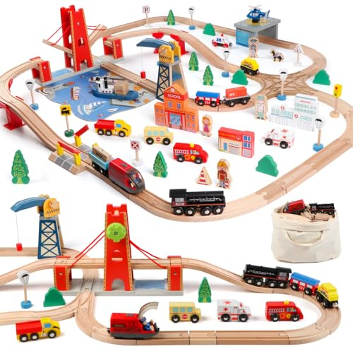 KABENFIS 121PCS Holz Bahnstrecken Spielzeug Port City Track Set für Mädchen und Jungen