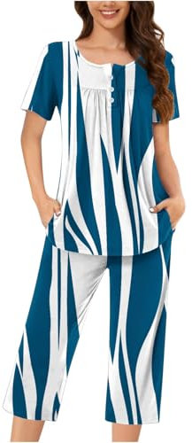 Pyjama Femme Été Coton Ensemble Pyjama Femme Lingerie Top À Manches Courtes Et 3/4 Pantacourt 3/4 Pas Cher Imprimé/Couleur Unie Pyjamas Idéal pour Printemps-Été Fluide Sleepwear