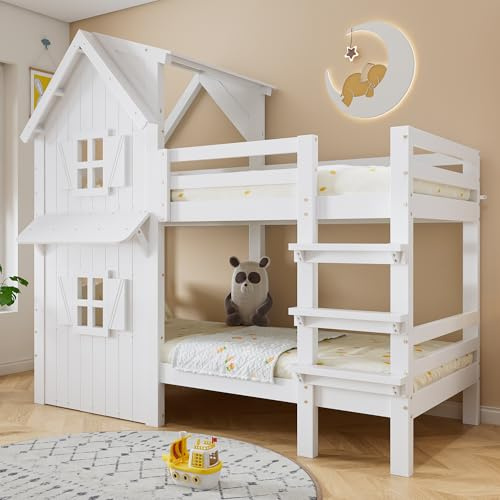 Oxtao Etagenbett 90x200cm, Kinderbett mit Schöne Fenster und Dach, Stockbett mit Rausfallschutz, Dreistufige gerade Leiter, Stabile Lattenroste, Hochbett für 2 Kinder, Kiefer, Weiß
