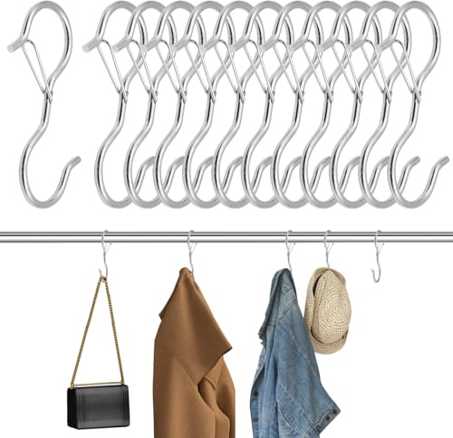 VEGCOO 12Pcs S Hooks for Hanging Heavy Duty, Metal Large Black/Silver Hooks 9 cm with Safety Buckle for Hanging Plants, Kitchen Utensils, Jeans, Bags, Pots, Fit Most of Rod (Silver)