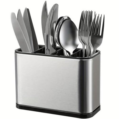 4-Fach Besteckhalter aus Rostfreiem Edelstahl, mit Anti Rutsch & Abtropfschale, Besteckorganizer für Küchenschubladen, Utensilienhalter mit Belüftung, für Küche Esszimmer und Besteck, 18x13x8,6cm (A)