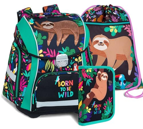 itenga Grundschul Ranzen Set - Schulranzen Set 3 teilig für Jungen und Mädchen mit Mäppchen Etui und Turnbeutel (Motiv Faultier - WILDKID)
