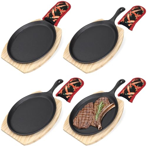 4 Stück Gusseisenpfanne Oval mit Holztablett & heißer Handschuh 37 cm