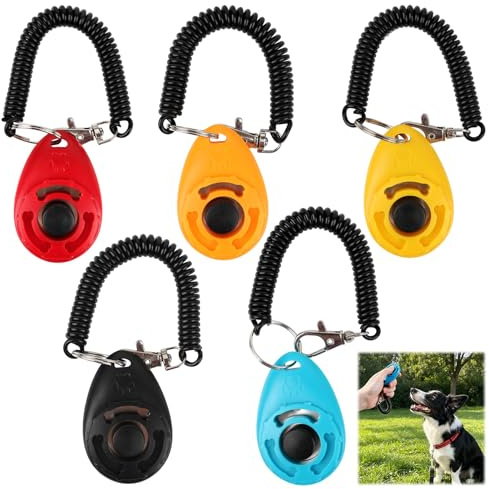 5 Stück Hunde Clicker Set mit Schlüsselband, Trainings Clicker für Hundeerziehung, Klicker in 5 Farben (Rot, Orange, Gelb, Blau, Schwarz) mit Großem Knopf, 6x4x1.7cm, für Hunde, Katzen, Pferde