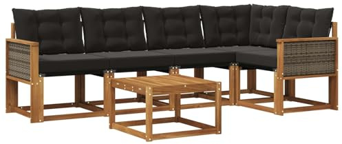 vidaXL Outdoor-Sofagarnitur mit Kissen 6 pcs Natürlich und Schwarz, Akazien Outdoor Sofa Set, modische Möbel für Terrasse, wetterfester Couch, entspannende Sitzgruppe im Garten