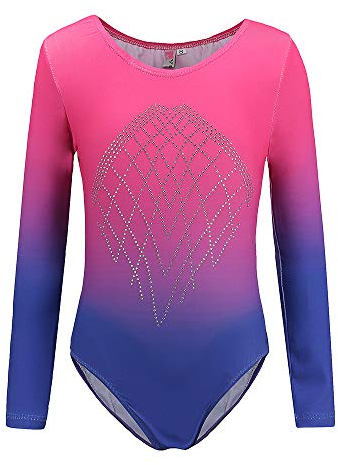 Sinoem Gymnastikanzug für Mädchen, Farbverlauf, mehrfarbig, langärmlig, Leotard, Tanz, Ballett, für Kinder, 5-12 Jahre (6-(5-6 Jahre), Blau + Rosa)
