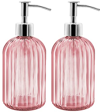 Confezione da 2 dispenser di sapone liquido in vetro, 400 ml, per shampoo e lozione, dispenser di vetro ricaricabile con pompa per bagno, cucina, lavanderia, piano di lavoro (rosa)