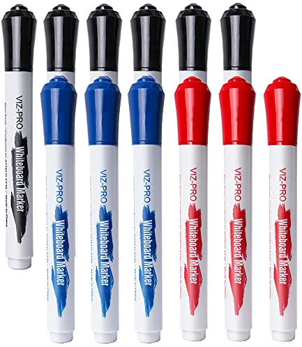 VIZ-PRO Whiteboard-Marker, Feine Spitze, 3 Farben, 12er-Pack Geruchsmindernde Whiteboard-Stifte