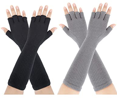 Kiiwah 2 Paar Lange Fingerlose Handschuhe Unisex Lange Stricken Armstulpen Halbfinger Handschuhe für Männer Frauen Winter Herbst (Schwarz Grau)