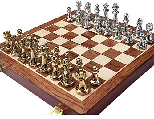 OLOTU Spielzeug Schach Metall Glänzend Golden und Silber Schachfiguren Massivholz Klappschachset Hochwertiges professionelles Schachbrett Schachset