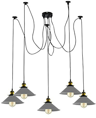 LEDSone Modern Ceiling Spider Light Large Spider lamp Heads Clusters of Hanging Grey Cone Shades Ceiling Braided Pendant Lamp Lighting (5 Head, with Bulb)