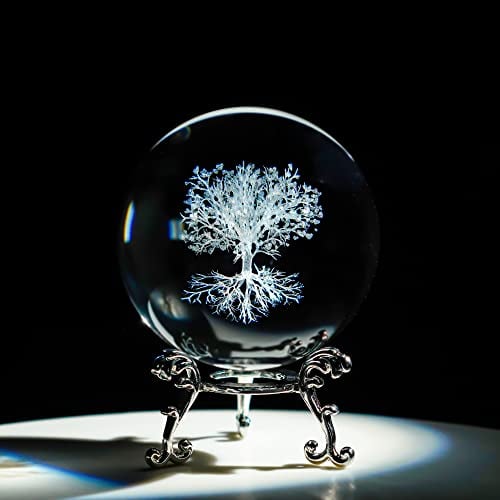 H&D HYALINE & DORA 70 mm Baum des Lebens klare Kristallkugel mit Ständer, K9 Glaskugel dekorative Kristallkugel, 3D-Laser-Fengshui, Heimdekoration