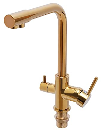 3-Wege Küchenarmatur, Wasserfilter Trinkwasserhahn Wasserhahn Spültischarmatur mit Schläuche, 360-Grad-drehbare, Zwei Düsen, 2 Anzahl der Griffe, gold