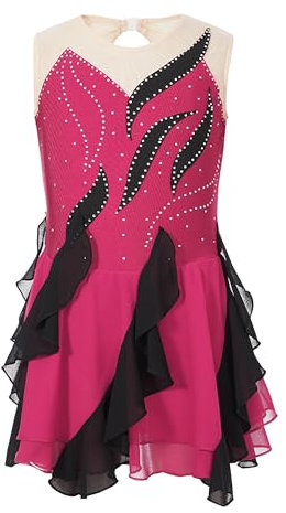 Agoky Body da Pattinaggio Artistico Bambina Ragazza Abito da Balleto con Volant Vestito Danza Lirica Body Leotard da Ginnastica Abito da Ballo Dancewear 5-16 Anni Rosa Caldo 9-10 Anni
