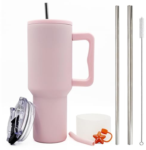 FloweryOcean Gobelet à café à emporter - 1200 ml - Anti-fuite - Double paroi en acier inoxydable - Avec poignée et paille - Gobelet pour boissons chaudes et froides - Rose 05