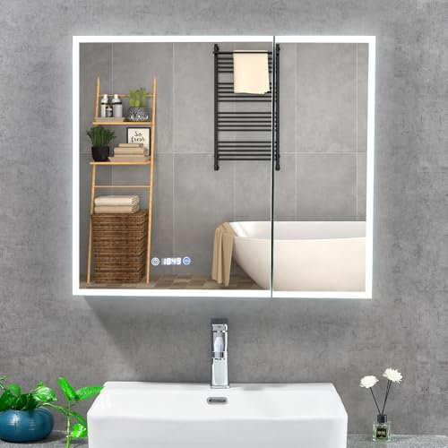 T&K LED Armoire Miroir de Salle de Bains avec éclairage et désembuage 75x65cm, avec Prise USB, Affichage de l'heure et de la température, dimmable en 3 Couleurs, Armoire de Toilette en Aluminium
