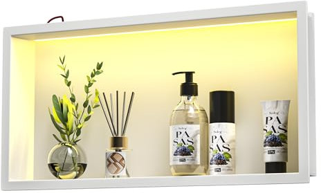 Bernkot Douche murale en acier inoxydable avec LED RVB - Niche de douche - Carrelable - Avec télécommande - 60 x 30 cm - Blanc