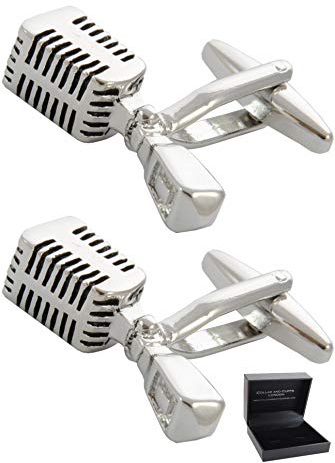 Manschettenknöpfe Herren Silber Farbe Musik - Mit Box - Retro-Mikrofon - Langlebiges Messing - Sänger Singen Musiker DJ - Ein Paar