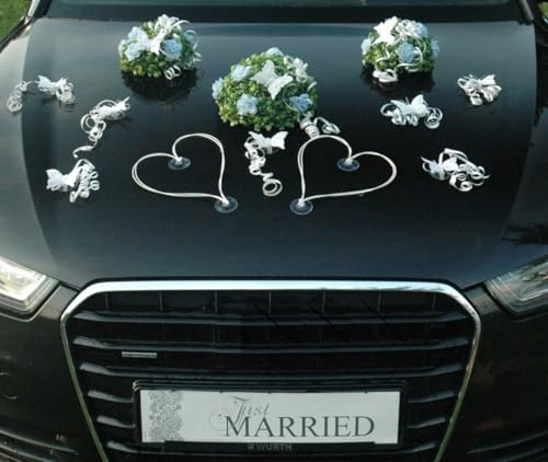 BUCHSBAUM Auto Schmuck Braut Paar Rose Deko Dekoration Autoschmuck Hochzeit Car Auto Wedding Deko Ratan Girlande PKW (Blau)