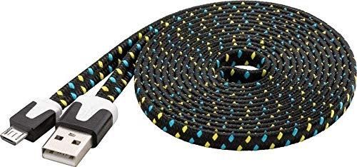 PremiumCord Cable de Conexión Plano USB - Micro USB Textil 2m, USB A Macho a Micro B Macho, Cable de Datos USB 2.0 de Alta Velocidad, 2X Blindados, AWG28, Color Negro/Azul/Amarillo, Longitud 2m
