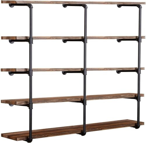 Tianman Industrial Wall Mount Iron Pipe Shelf Shelves Shelving Bracket Vintage Retro Black DIY Open Bookshelf DIY Storage offcie Room Kitchen Shelves (3Pcs,52 Tall,12 deep)