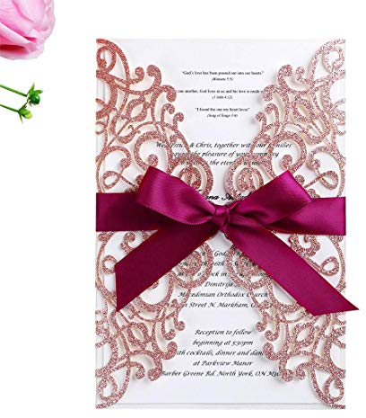 Jofanza Lot de 20 cartes d'invitation de mariage découpées au laser en dentelle avec ruban et enveloppes pour fête prénuptiale, fiançailles, remise de diplôme, 16 ans (paillettes or rose)
