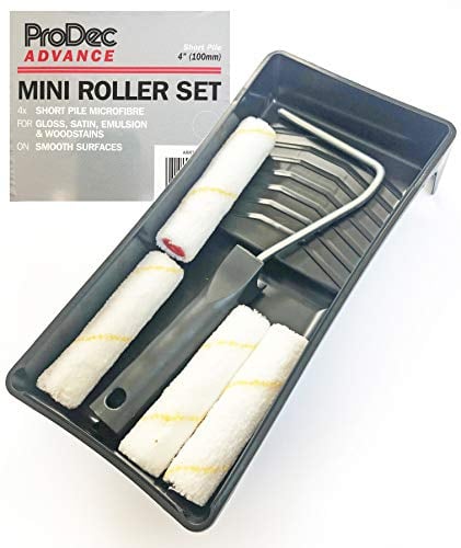 ProDec Advance 6 pc 4 inch Short Pile Microfibre Mini Paint Roller, Frame & Tray for a Smooth Finish Painting with Emulsion, Gloss, Satin, Varnish, Woodstain on Interior Walls, Ceilings, Wood, Metal