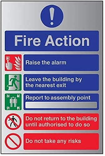V Safety General Fire Action 5 Message Risks Sign - 300mm x 400mm - 3mm Brushed Alu Comp