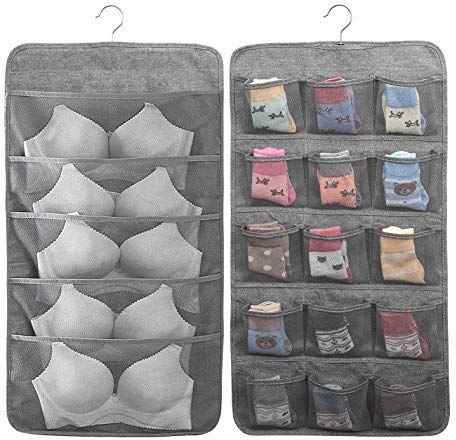MaoXinTek Kleiderschrank Organizer Hängend für Unterwäsche Socken BHS mit 20 Taschen, Stoff Hängeorganizer Faltbar Platzsparend Hängeaufbewahrung für Schals Strumpfhosen Krawatten, Grau