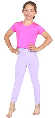 janisramone® Leggings da ragazza, tinta unita elasticizzata in vita, lunghezza intera, morbidi, per ginnastica, sportivi, comodi ed elastici, abbigliamento sportivo da ragazza, Lilla, 12-13 Anni