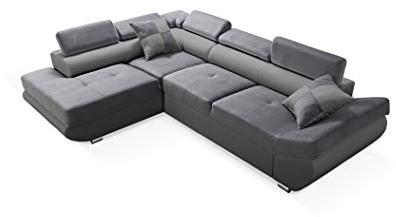 Robin Saturn Ecksofa mit Schlaffunktion Bettkasten 5 Verstellbare Kopfstützen 2 Kissen Sofa L-Form Schlafsofa Freistehende Eckcouch Schlafcouch Wohnzimmermöbel Wohnlandschaft Links Grau
