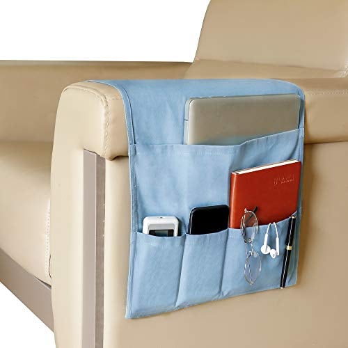 MaoXinTek Organizer per Bracciolo Divano, Portaoggetti Porta Telecomando TV Caddy per Poltrona con 5 Tasche, Supporto Antiscivolo per Custodia in Tessuto per Riviste, Libri, Cellulare, iPad, Blu