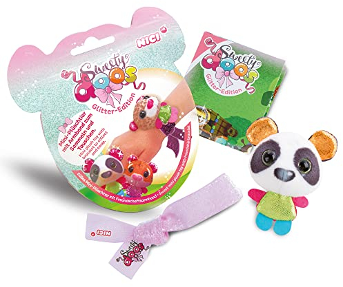 NICI Sweetydoos Glitter Edition – Überraschungs-Kuscheltier mit UV-Effekt, Glitzer-Armband & Poster – 1 von 9 Mini-Überraschungsfiguren mit Freundschaftsband & Poster – Sammeln, Spielen & Tauschen