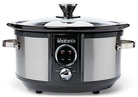 Brabantia Slow Cooker, Antihaftbeschichtung, drei verschiedene Heizstufen, Kontrollleuchte, abnehmbarer Topf, geeignet für 4 Personen, 180 Watt, Edelstahl, BBEK1081
